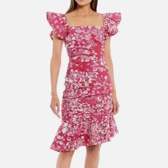 Sachin & Babi Pink Floral Ruched Midi Dress Womens Size 2 Ruffle Flutter Sleeve - Picture 1 of 11